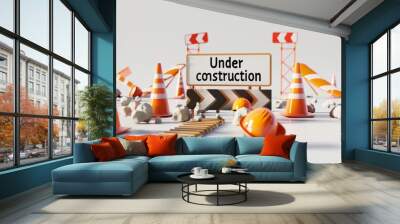 Under construction sign with traffic cones and hard hats on white background. Wall mural