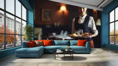 Waitress in uniform delivering tray with food in a room of hotel. Special service of VIP guests. Wall mural