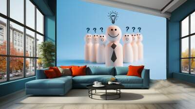 Wooden human or leader business smile face new ideas with light bulb and others human with question mark for creative thinking and problem solving solution concept Wall mural