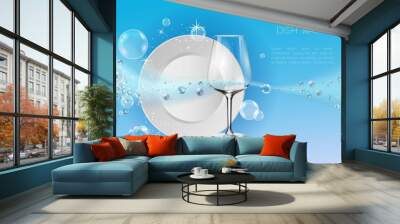 A clean plate and wine glass in soap bubbles.	 Wall mural