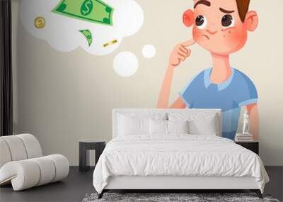 Cartoon thinking man with money mark in think bubble vector illustration. Man and question in bubble think. Wall mural