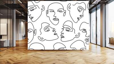 Seamless pattern with female portraits. One line drawing. Wall mural