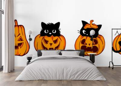 Set of pumpkin cat. Collection kiiten with pumkin. Happy halloween. Scary print for design. Vector illustration. Wall mural