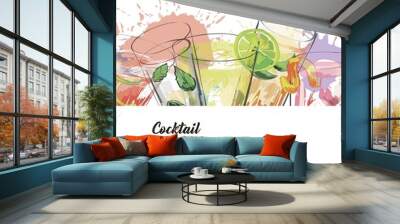 Watercolor background with alcohol drinks. Template design for menu, bar. Wall mural