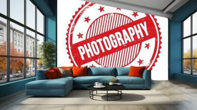 PHOTOGRAPHY text written on red grungy round stamp. Wall mural