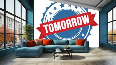 TOMORROW text on red blue ribbon stamp. Wall mural