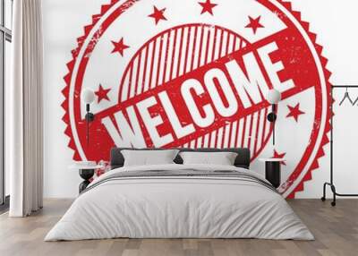 WELCOME text written on red grungy round stamp. Wall mural