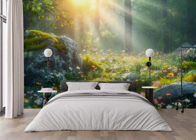 Sunlit glade with flowers Wall mural