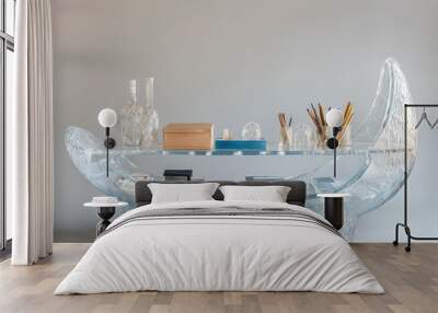 A Clear Glass Table with Objects on Two Levels Wall mural