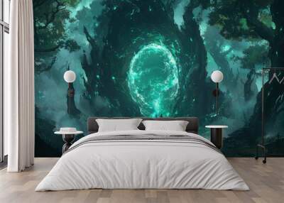 A Figure Stands Before A Glowing Portal In A Dark Forest Wall mural