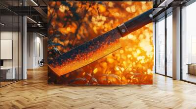 A Japanese-Style Knife with a Patterned Blade, Against a Golden Bokeh Background Wall mural