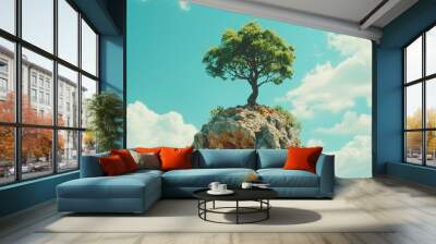 A lone tree grows on a rock formation against a blue sky with white clouds. Wall mural