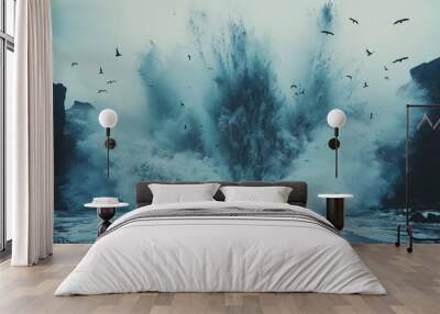 A powerful wave crashing against a rocky shore with birds flying overhead. Wall mural