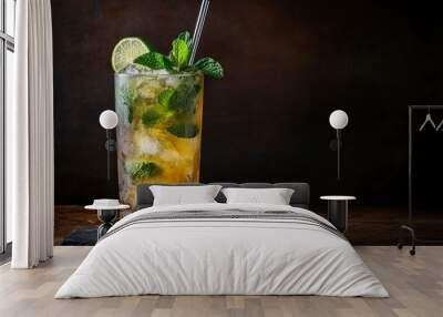 A Refreshing Cocktail with Lime and Mint Garnishes in a Tall Glass Wall mural