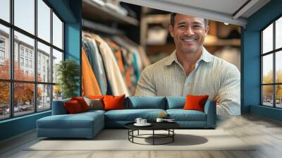 A Smiling Man Standing in a Clothing Store with Folded Arms Wall mural