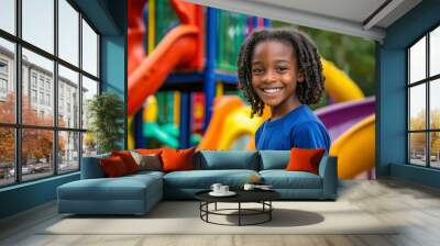 A Smiling Young Boy Standing Near a Colorful Playground Wall mural