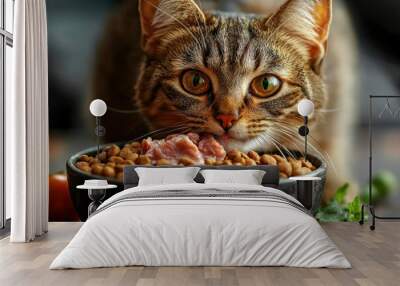 A tabby cat intently looking at meat in a bowl of cat food Wall mural