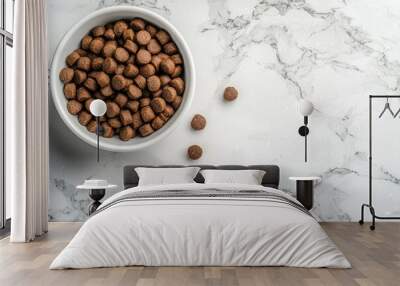 A White Bowl Filled with Dog Food on a Marble Countertop Wall mural