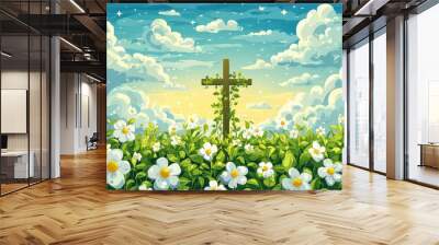 A Wooden Cross Covered in Vines Rising Through a Field of Flowers Under a Blue Sky Wall mural