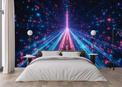 Abstract Digital Pathway with Neon Lights and Glowing Particles Wall mural