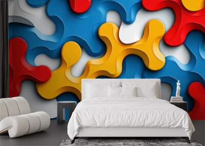 Abstract Interlocking Shapes in Red, Yellow, Blue, and White Wall mural