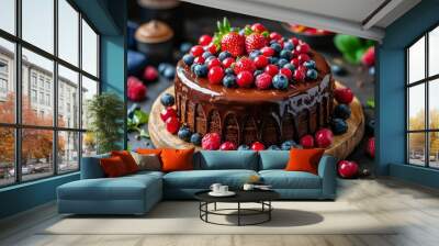 Chocolate Cake Topped with Fresh Berries and Drizzled with Chocolate Glaze Wall mural