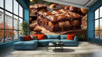 Close-up of a Chocolate Brownie with Caramel Drizzle and Almonds Wall mural