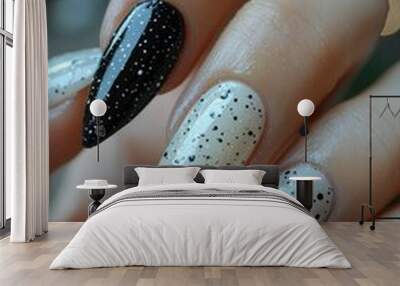 Close-up of a Hand with Black and White Polka Dot Nail Polish Wall mural