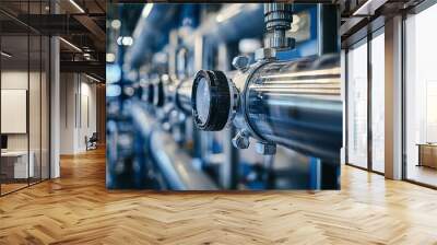 Close-up of a Metallic Pipe with a Gauge and Nuts in a Factory Setting Wall mural