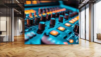 Close-up of a Music Mixer with Illuminated Buttons and Knobs Wall mural