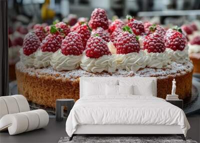 Close-up of a Raspberry and Whipped Cream Cake Wall mural