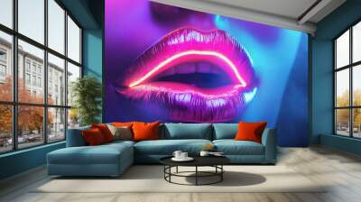 Close-up of a Woman's Lips with Neon Glow Wall mural