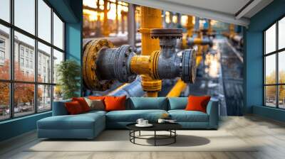 Close-up of a yellow and grey industrial pipe system Wall mural