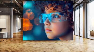 Close-up of a young boy wearing futuristic glasses, looking into the distance with a thoughtful expression. Wall mural