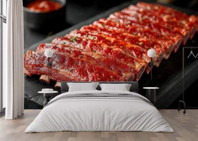 Close-up of Glazed Pork Ribs on a Black Slate Plate Wall mural