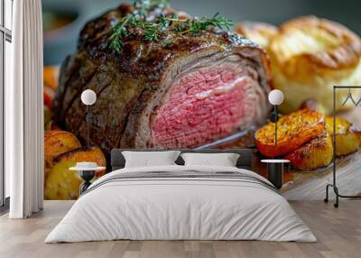 Close-up of Roasted Beef with Yorkshire Pudding and Roasted Vegetables Wall mural