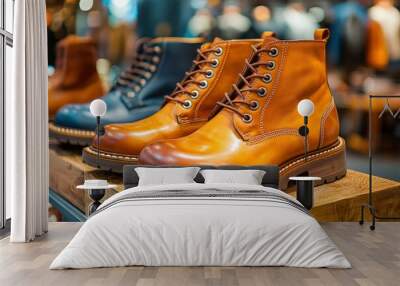 Close-up of Tan Leather Boots on Wooden Shelf in Shoe Store Wall mural