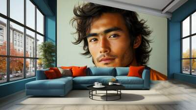 Close-up portrait of a young man with dark hair and a beard looking directly at the camera Wall mural