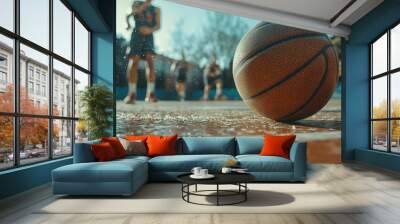 Closeup of a Basketball on a Wet Court with Blurred Players in the Background Wall mural