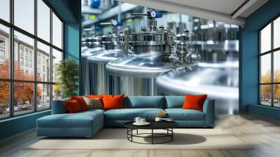 Closeup of Industrial Stainless Steel Tanks in a Factory Wall mural