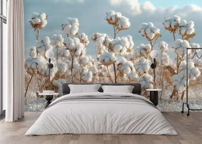 Cotton bolls ready for harvest in a field, illuminated by the sun against a cloudy sky. Wall mural