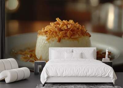 Creamy White Dessert Topped with Toasted Coconut Flakes and Drizzled with Caramel Sauce Wall mural