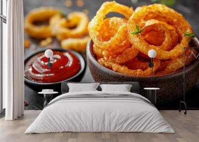 Crispy Fried Onion Rings with Ketchup Dipping Sauce Wall mural