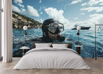 Diver with Mask and Snorkel Surfacing in Blue Ocean Water Wall mural