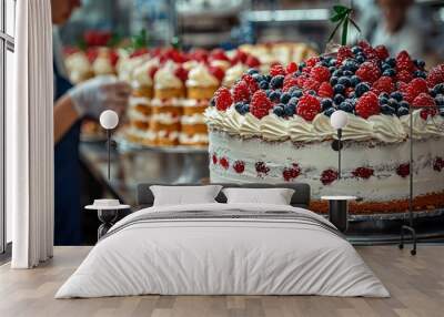 Freshly Baked Raspberry and Blueberry Cake with Whipped Cream Frosting Wall mural