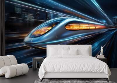 Futuristic Silver Train Speeding Through Cityscape at Night Wall mural