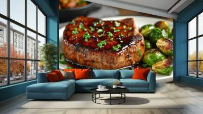 Glazed Pork Chop with Roasted Brussels Sprouts and Parsley Garnish Wall mural