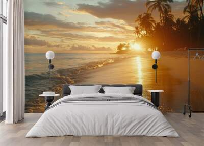 Golden Sunset Over Tropical Beach with Palm Trees Wall mural