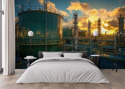 Industrial Complex at Sunset with Large Storage Tanks and Pipelines Wall mural