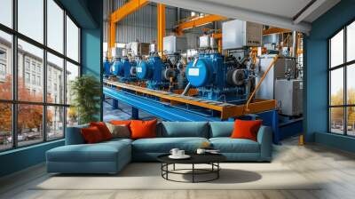 Industrial Machinery with Blue and Yellow Components in a Factory Wall mural